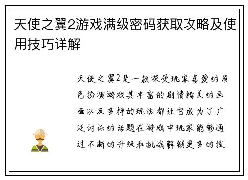 天使之翼2游戏满级密码获取攻略及使用技巧详解